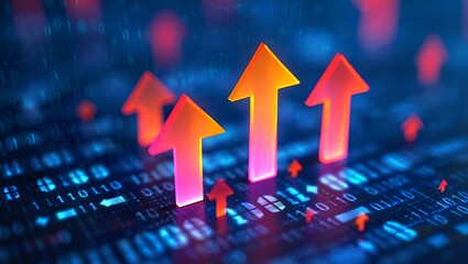 Digital growth and success visualized with vibrant upward pointing arrows on a background of glowing binary code and data streams representing financial progress and technological advancement