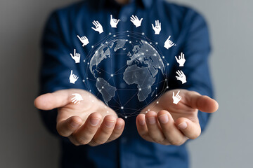 Global communication network presented in hands, connecting the world through sign language and technology for a more inclusive and accessible future