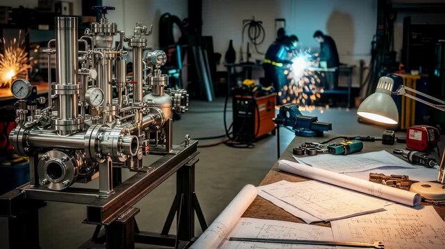 Vibrant workshop scene with blueprints and partially completed syntheticfuel Fischer&ndash;Tropsch reactor skid on metal stands.