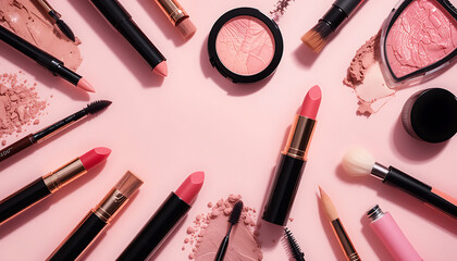 A vibrant collection of pink lipsticks, blush, mascara, and brushes artfully arranged on a soft pink background, evoking a sense of glamour and beauty