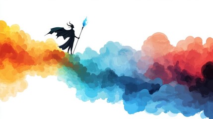Obraz premium A mystical silhouette of a figure with a spear, surrounded by vibrant swirling colors representing conflict and magic.