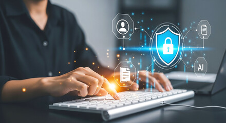 Person typing on keyboard with digital security shield and ai icons overlayed on the image screen