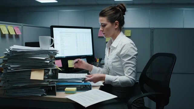 Overwhelmed Businesswoman Working Late - A young businesswoman sits at her cluttered desk, surrounded by stacks of paperwork.