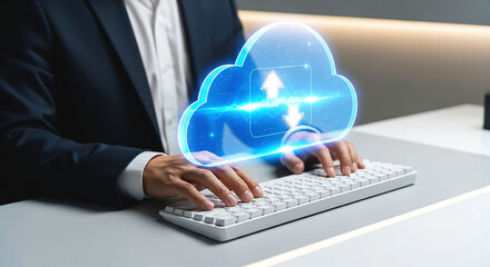 Person typing on keyboard with cloud computing graphic overlay representing data transfer online