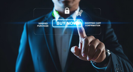 Man in suit touching buy now button on digital interface with icons and text overlayed on it