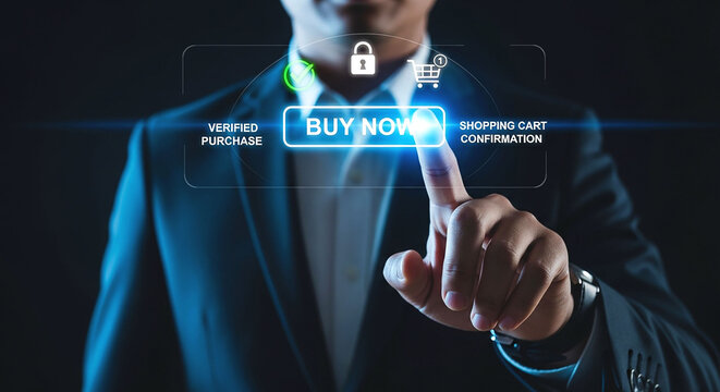 Man in suit touching buy now button on digital interface with icons and text overlayed on it