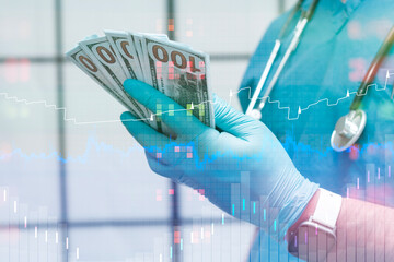 Doctor in blue scrubs and gloves holds hundred-dollar bills, with a dynamic financial graph and chart. Concept financial of the healthcare industry, including costs and medical finance.