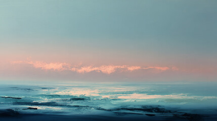 Obraz premium Dreamy Ocean Horizon With Soft Pink Clouds And Blue Mist At Sunset