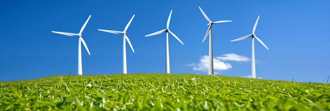 Wind turbines stand against a clear blue sky on a green hillside in a renewable energy landscape - Powered by Adobe