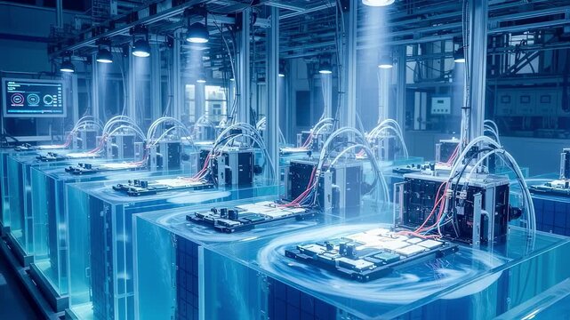 Industrial setup with multiple grid battery units submerged in immersioncooling fluid highlighting efficient temperature regulation during performance testing.