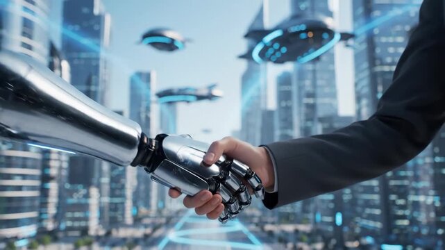 AI Handshake: Future of Business Technology - A robotic hand and a human hand shake against a futuristic cityscape backdrop, symbolizing the collaboration between AI and humans in business.