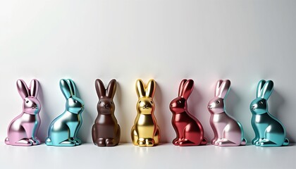 Colorful chocolate bunny figures arranged in row on white background  