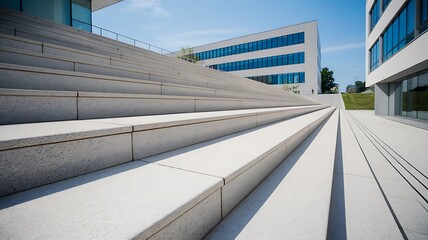 A Modern Architectural Design Featuring Extensive Granite Steps Leading to Office Buildings