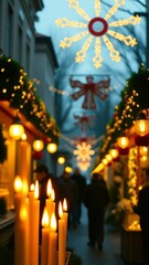 Obraz premium Christmas street fair with bright lights and festive atmosphere vertical format Burning candles