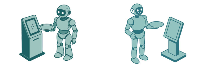 Robot serving customers at automated kiosk, Minimalist flat design