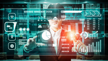Future virtual reality technology for innovative VR warehouse management . Concept of smart technology for industrial revolution and automated logistic control .