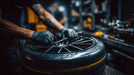 Medium view of a light vehicle tire lifted for inner tube replacement concentrating on the technicians hands working on the tire while surroundings remain soft.
