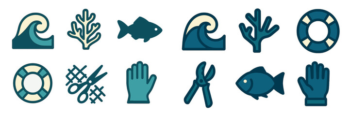 Fototapeta premium Ocean Life and Marine Tools Icons, Minimalist flat design