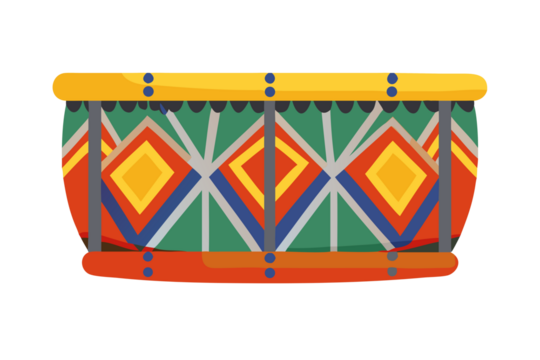 Vibrant african drum with colorful geometric pattern and black background