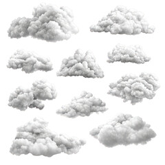 Collection of fluffy white cumulus clouds isolated on a transparent background for design isolated on transparent background