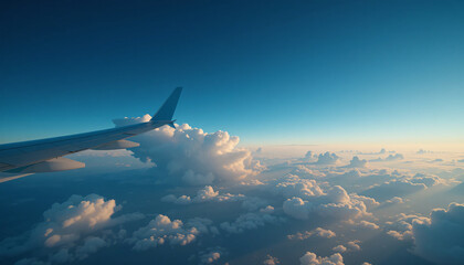 Fototapeta premium Airplane wing flying above clouds under clear deep blue sky