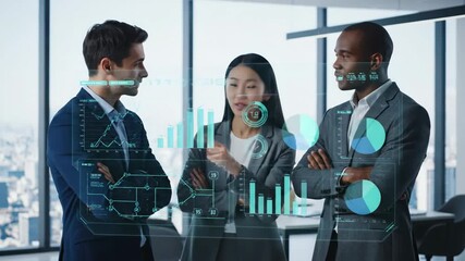 Diverse Business Team Analyzing Data on Holographic Interface - A diverse team of business professionals collaborates, examining data projected onto a transparent digital interface in a modern office - Powered by Adobe