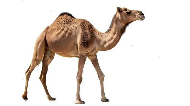 A dromedary camel standing in profile against a white background.