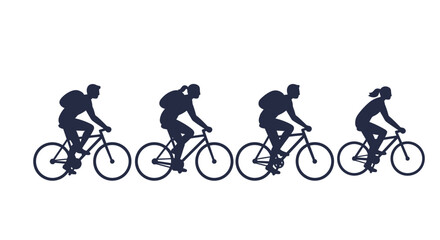 Cyclists Riding Bicycles in Seamless Pattern People with Backpacks Silhouette