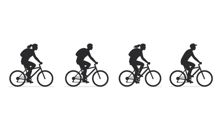 Obraz premium People Riding Bicycles with Backpacks in a Seamless Pattern Silhouette