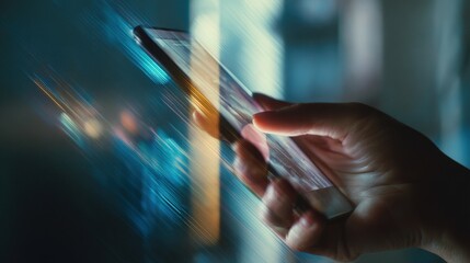 Medium shot capturing a users hand holding a transparent touchscreen device the background gently blurred with abstract light patterns illustrating seamless techhuman synergy.