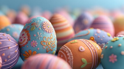 Vibrantly colored Easter eggs adorned with intricate patterns and floral designs are showcased against a soft blue background, highlighting the joy of springtime celebrations.