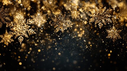 Golden snowflakes drift against a dark background, enhanced by twinkling lights, capturing the joyous spirit of the holiday season and festive celebrations.