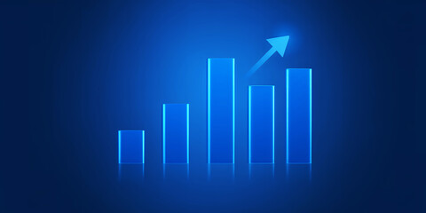 Blue bar graph showing an upward trend with an arrow indicating growth direction
