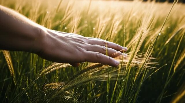 Human hand touching grass in sunlight. Gentle hand in field conveying sense of peace and tranquility. Field of grass evokes relaxation and connection to nature. Peaceful scene hand for video projects.
