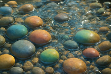Smooth colorful river stones glistening under shallow flowing water
