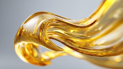 A captivating golden liquid twists and turns, reflecting light beautifully. The viscous substance creates elegant shapes as it moves, revealing its glossy texture in a serene atmosphere.