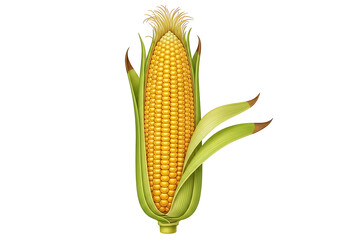 Obraz premium A detailed illustration of a corn cob, showcasing the vibrant yellow kernels and lush green husks against a stark black background.