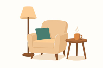 Armchair with lamp and side table, Minimalist flat design