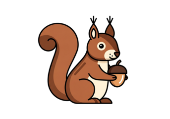 A cute, cartoon squirrel holds an acorn against a black background.
