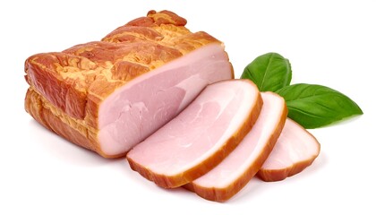 Artisan smoked pork loin with sliced portions and fragrant basil garnish