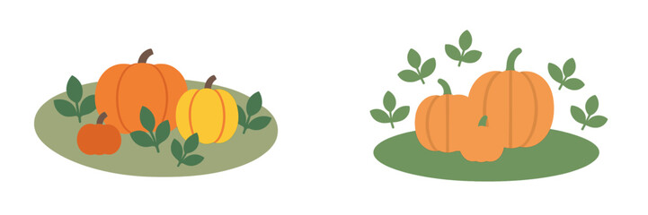 Autumn Pumpkins and Leaves on Green Ground, Minimalist flat design