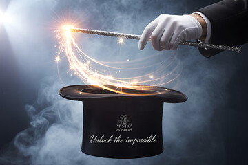 Enchanting magic wand sparkles over a top hat, creating a mesmerizing spectacle and unlocking impossible dreams with wonder and awe in the air
