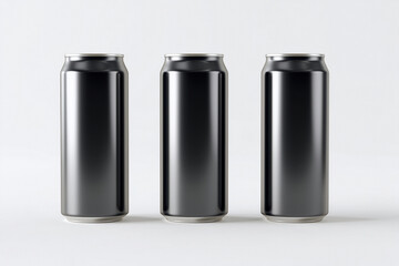 Three sleek black beverage cans with smooth matte gloss finish, standing upright against a light background, perfect for premium drink branding mockups