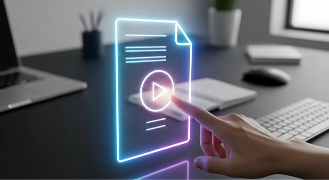 Human hand interacting with a digital document with a play button icon, modern workspace