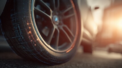 Medium shot of a vehicle tire featuring a smart sensor detecting temperature changes sensor in crisp focus while surrounding tire tread is softly blurred.