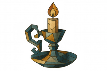 Illustration of a burning candle in a stained glass candlestick with transparent background, perfect for spiritual or decorative projects