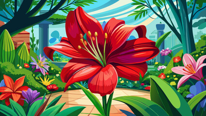 red amaryllis flower in the wild, colorful garden