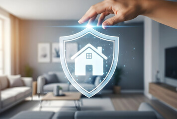 Hand protecting home icon, symbolizing security and safety in a modern, stylish interior space