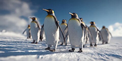 Obraz premium Group of King Penguins Walking on Snow in Antarctic Landscape