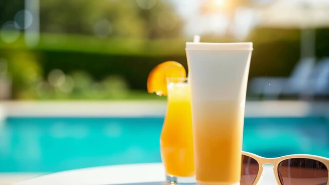 Summer relaxation by the pool with refreshing drink and sun care essentials